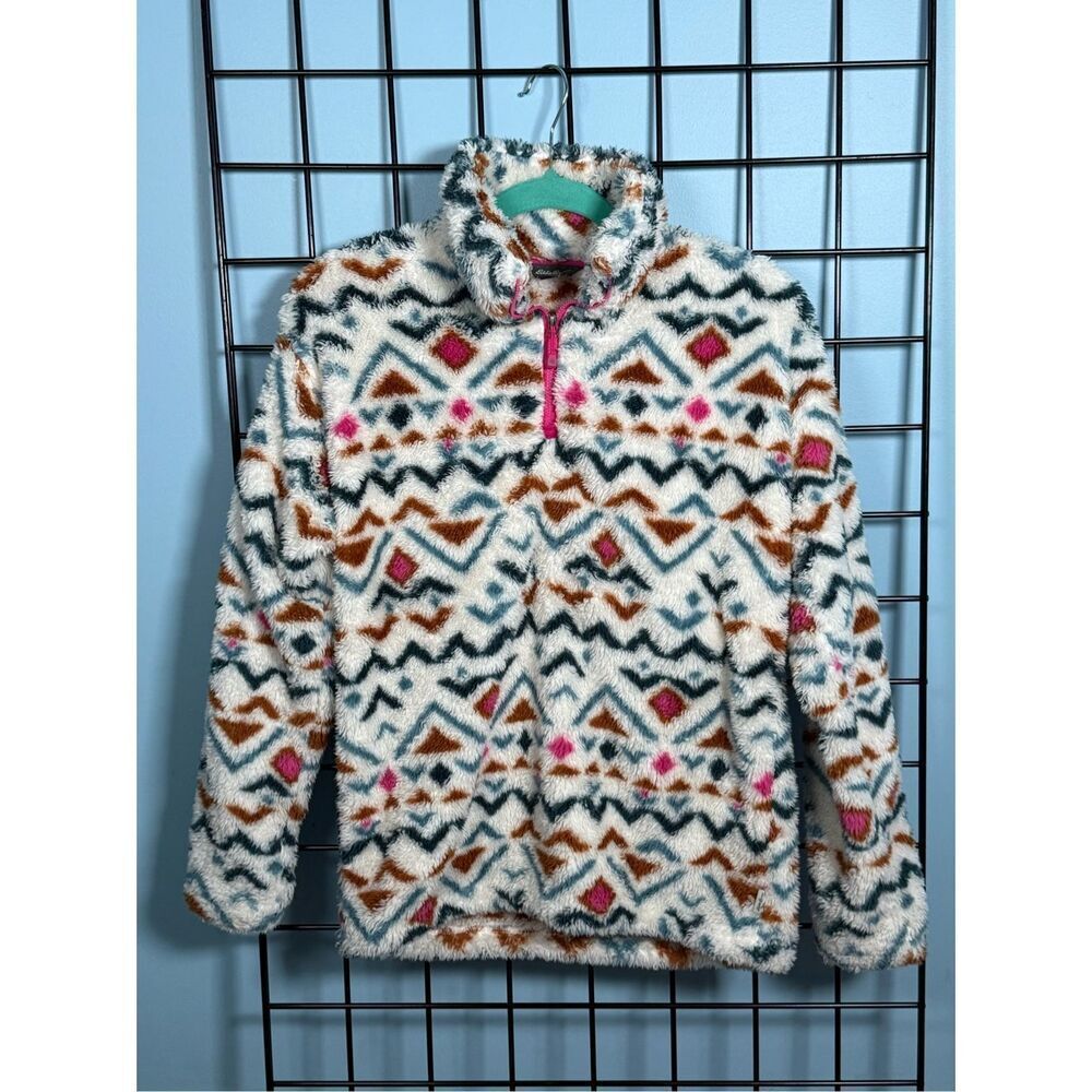 Eddie Bauer 1/4 Zip Vanilla Aztec Ultrasoft Fleece Faux Fur Jacket‎ Womens S